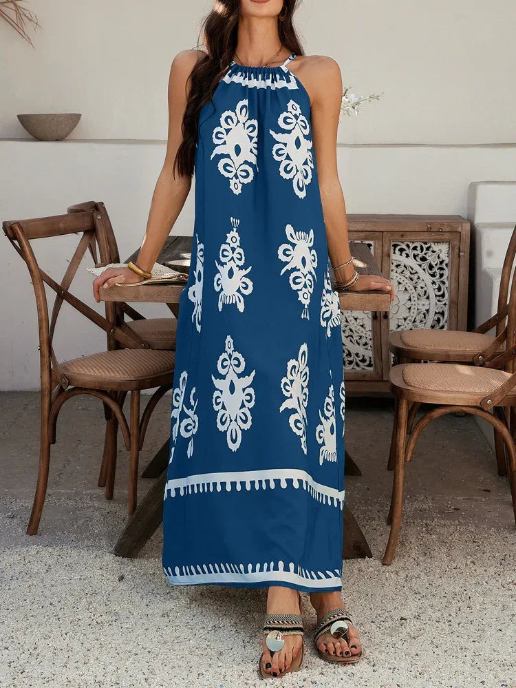 Blue Tribal Print Women Maxi Dress Summer Sundress