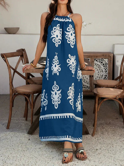 Blue Tribal Print Women Maxi Dress Summer Sundress