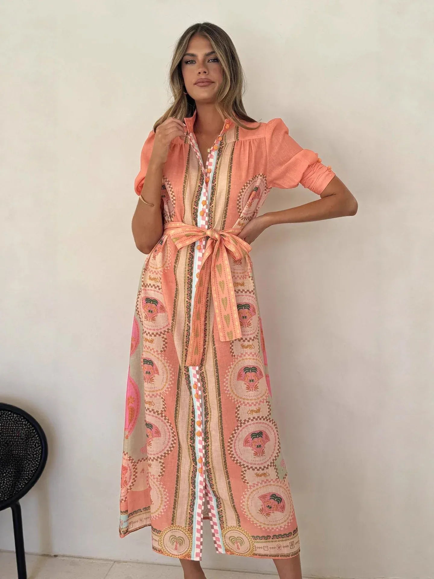 Peach print linen waist tie maxi dress