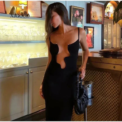Solid black cutout suspender maxi dress