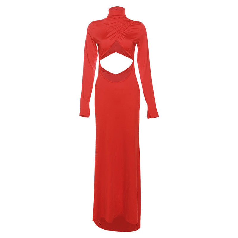 High Collar Long Sleeve Cutout Bare Cropped Slim Fit Hip Bag Dress