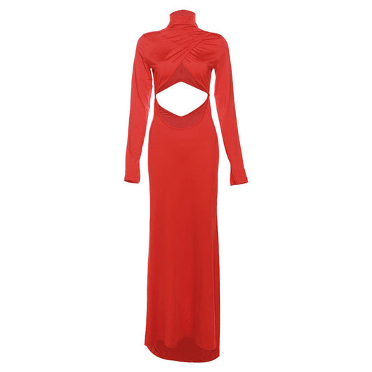 High Collar Long Sleeve Cutout Bare Cropped Slim Fit Hip Bag Dress