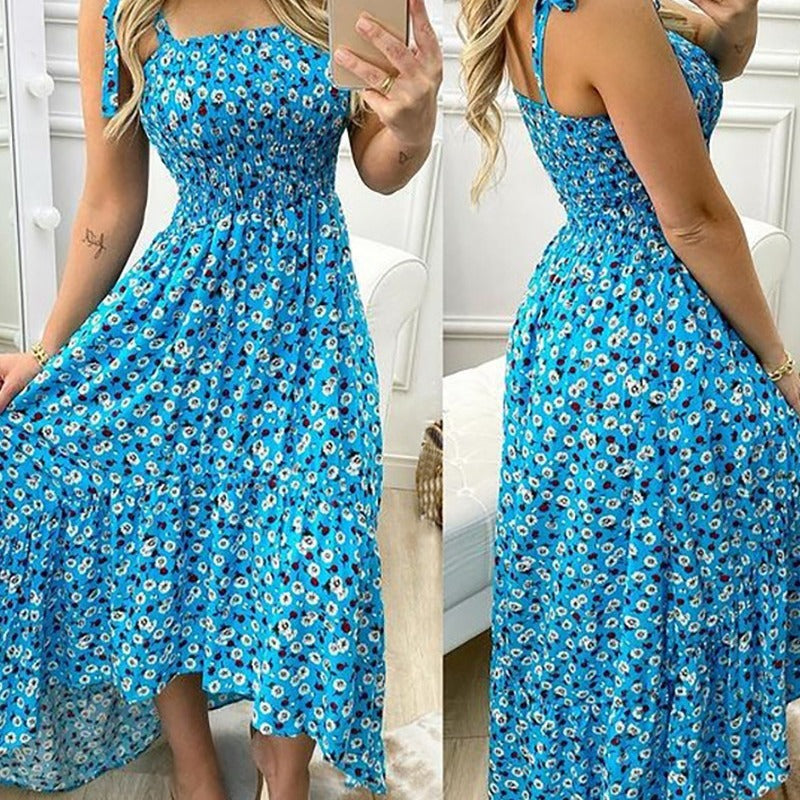 Smocked Tie-Shoulder Floral Print Tiered Asymmetrical Maxi Dress