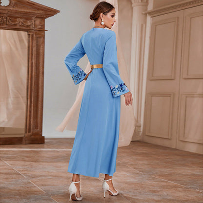 Middle East Muslim Dress Fall V neck Embroidered Slim Dress with Belt