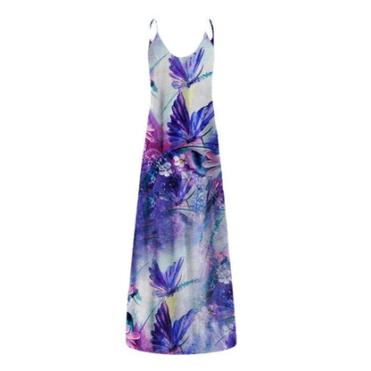 Butterfly Print Spaghetti Strap V-Neck Pocket Maxi Dress