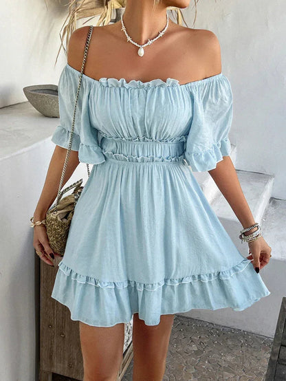 Light Blue Ruffle Mini Dress Off Shoulder Summer Dress