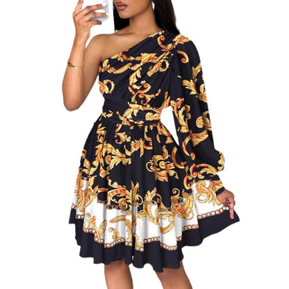 Asymmetric One-Shoulder Baroque Print Balloon Sleeve Skater Mini Dress