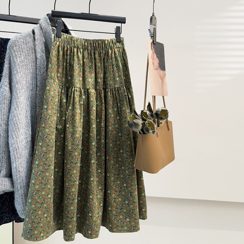 Brushed Floral Skirt  Art Younger Mid Length Umbrella Skirt Cover Slimming Dress