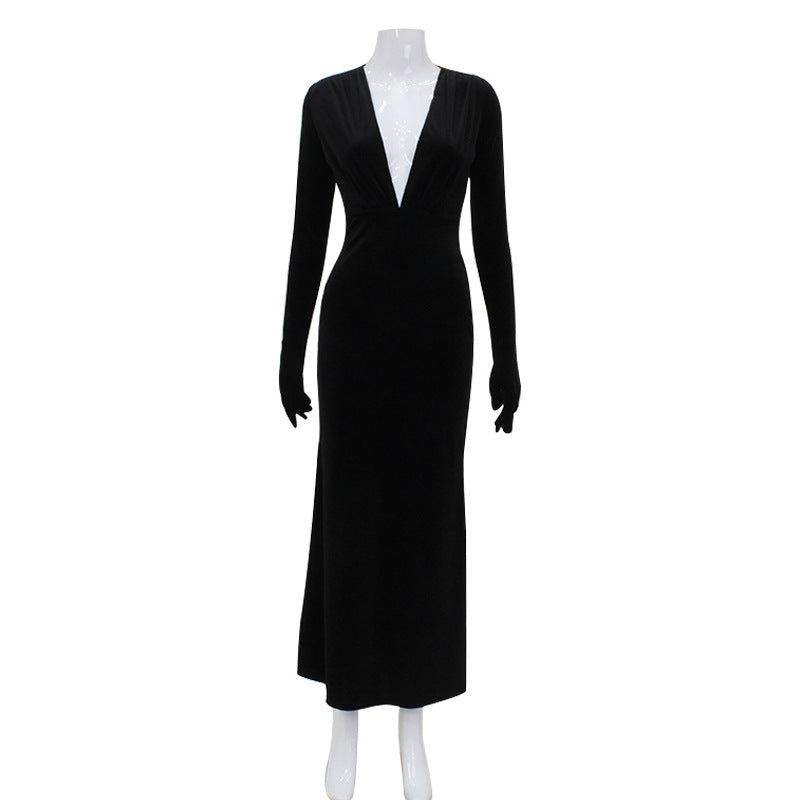 French Deep V Plunge Tight Waist Velvet Light Luxury Dress Fishtail Sheath Dress with Gloves