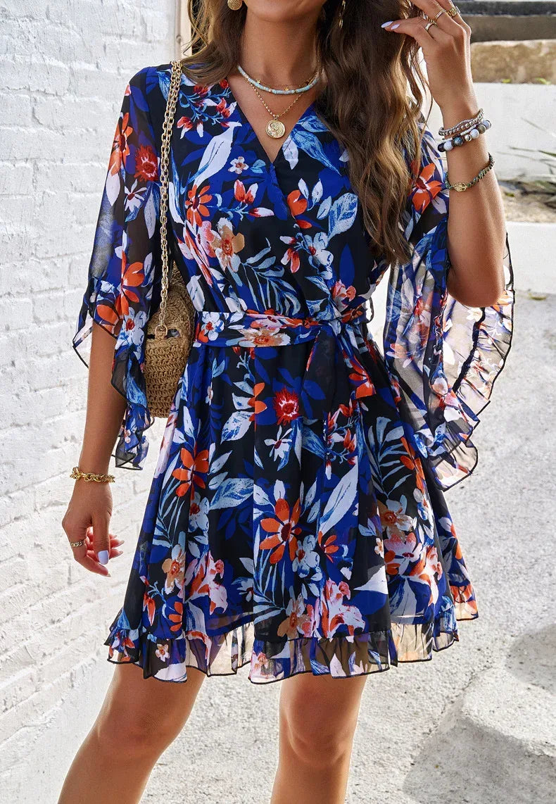 Ruffle Floral Wrap Mini Summer Dress Midnight Blue Bloom