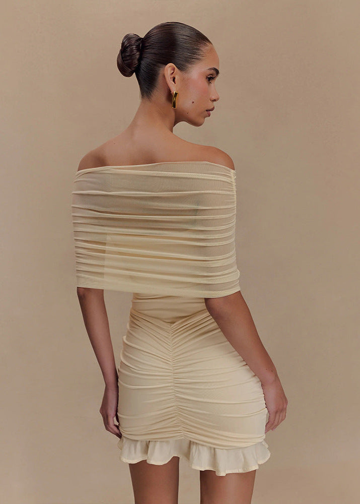 Off Shoulder Ruched Mesh Overlay Center Gather Flounce Hem Bodycon Mini Dress