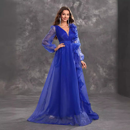 Prom Evening Dress V Neck Long Sleeve Three Dimensional Flounce Decorative Elegant Dress