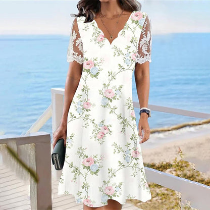Large Floral Print Scalloped V-Neck Lace Short Sleeve A-Line Midi Dress
