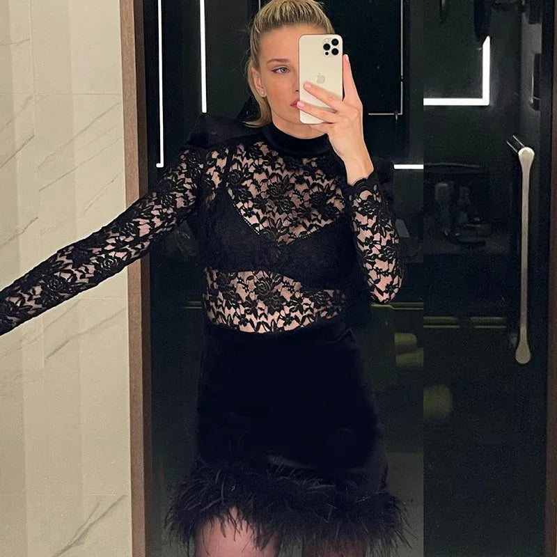 Black lace bodycon mini dress with feather hem
