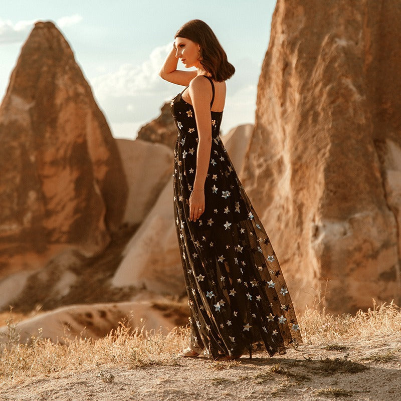 Star Print Mesh Overlay Sweetheart Spaghetti Strap Sheer Maxi Dress