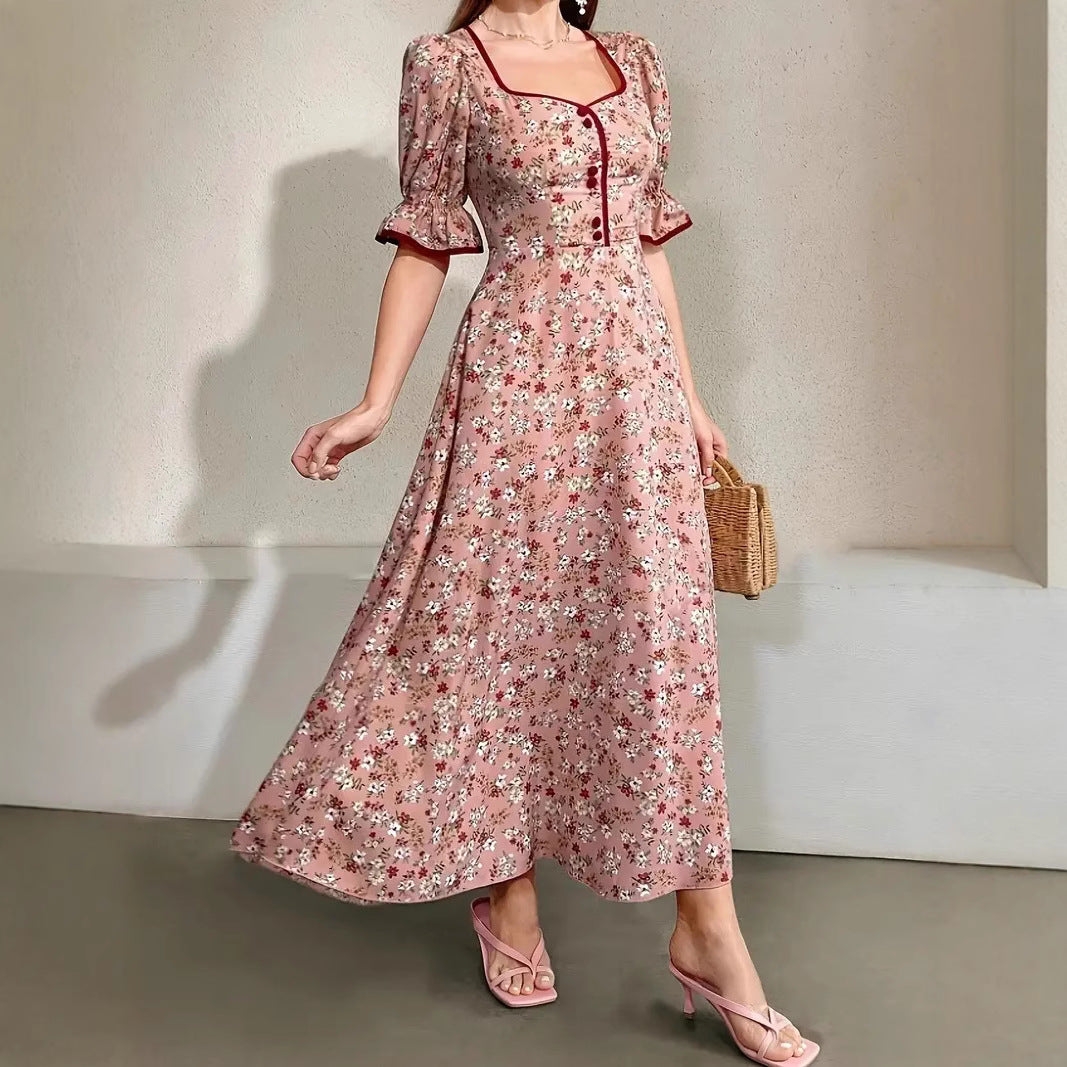 Ditsy Floral Square Neck Puff Sleeve Button Placket Contrast Trim Maxi Dress