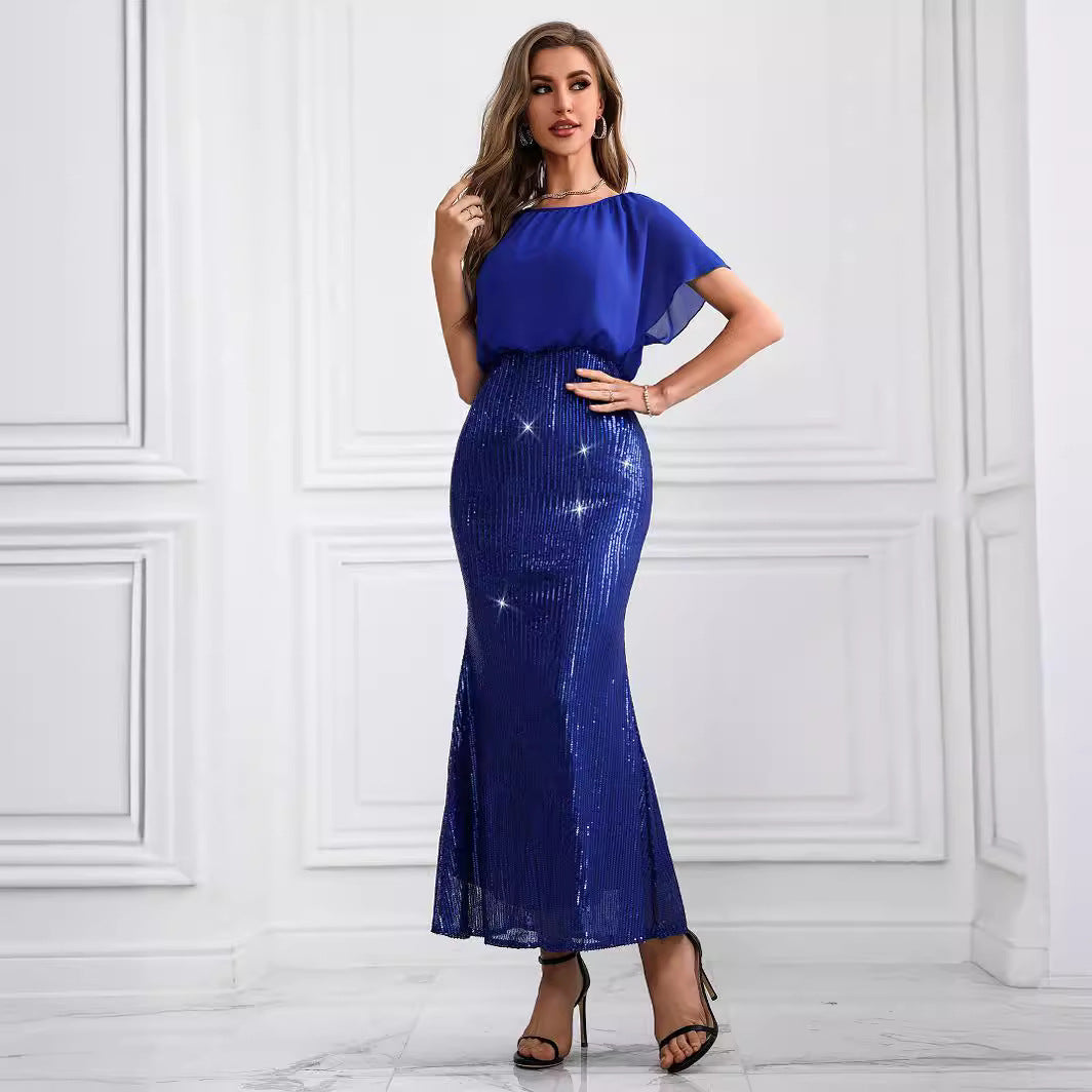 Retro Chiffon Stitching Sequ Dress Evening Dress