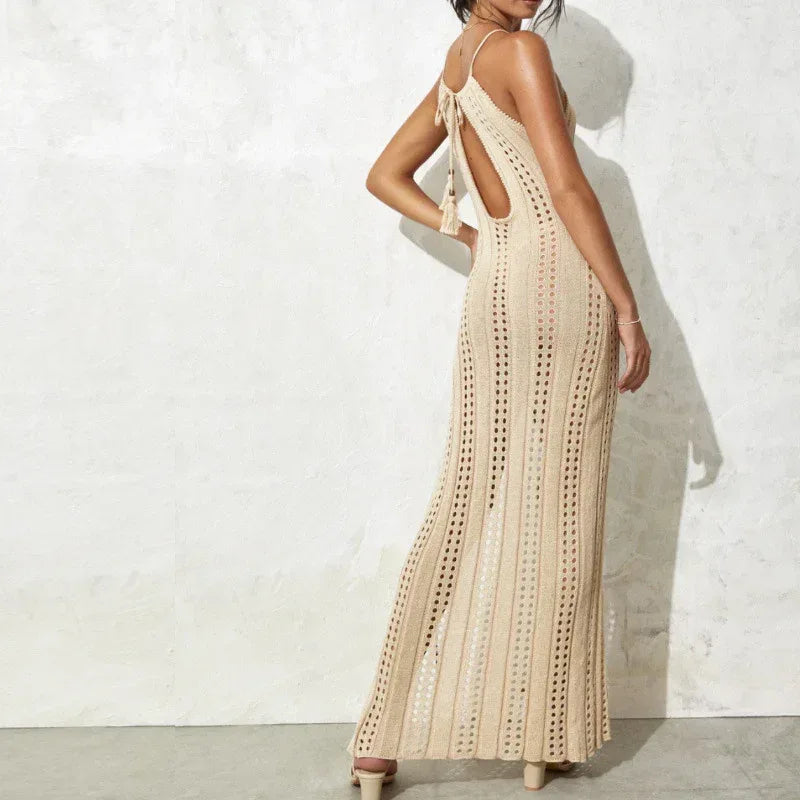 Women halter backless knit slit maxi dress