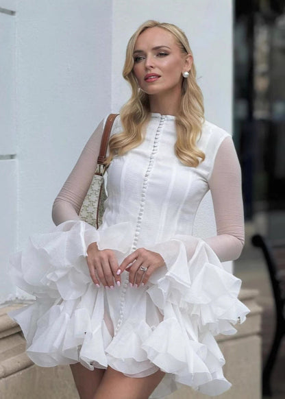 Sheer Mesh Sleeve Button-Front Tiered Organza Ruffle Mini Dress