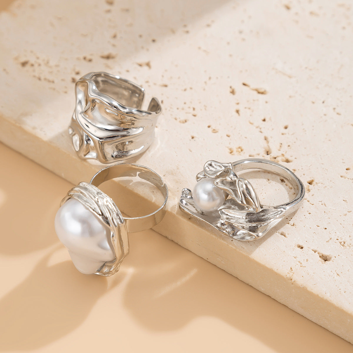 3-Piece Liquid Metal Baroque Pearl Hug Ring Set
