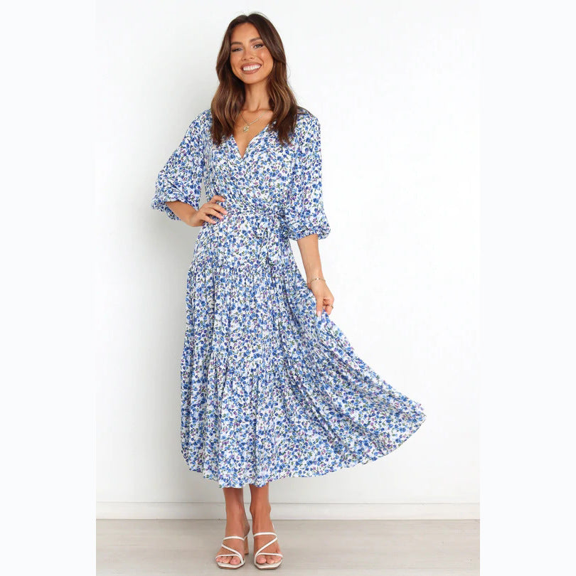 Floral Fresh Sweet Mid-Sleeve V neck Dress