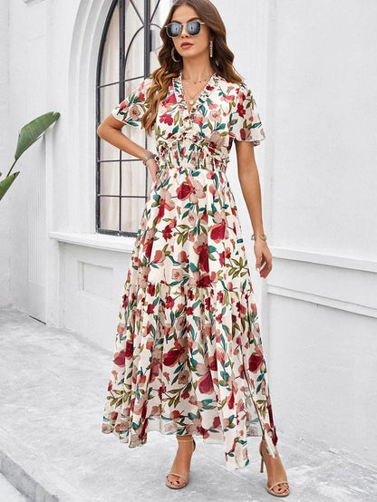 Women’s Casual Long Dress with Smocked Waist and Slit