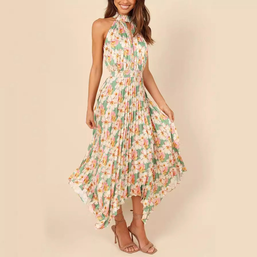 Printing Folding Solid Color Sleeveless Halter V neck Asymmetric Dress