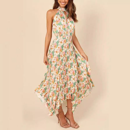Printing Folding Solid Color Sleeveless Halter V neck Asymmetric Dress