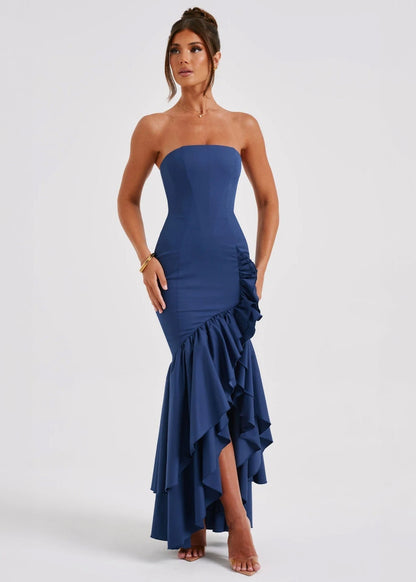 Strapless Straight Neck Cascading Tiered Ruffle High Low Maxi Gown