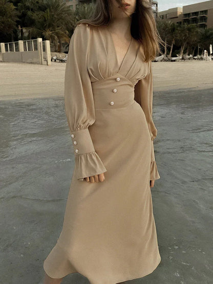 French-style lantern sleeve midi dress