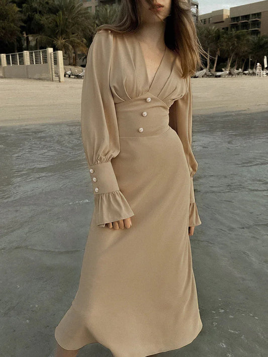 French-style lantern sleeve midi dress