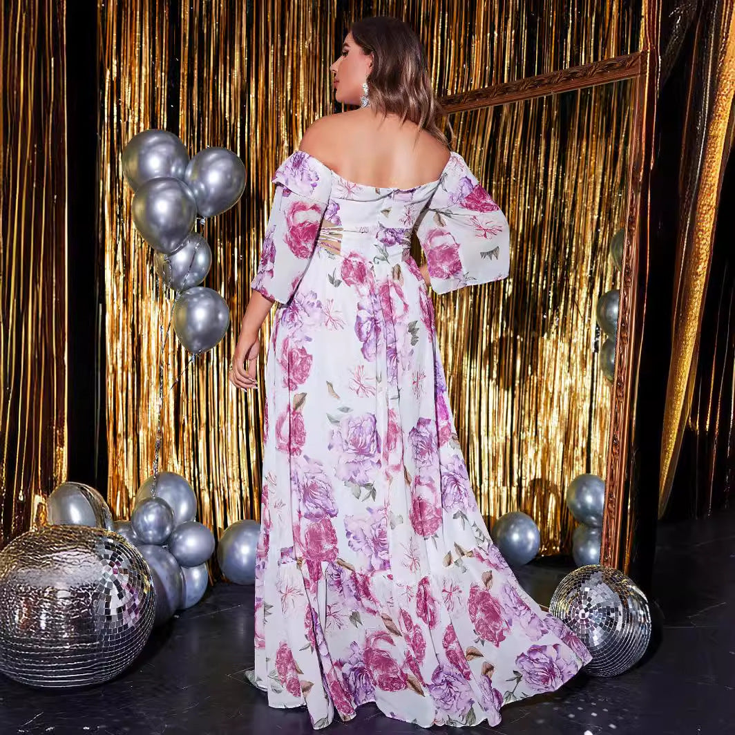 Plus Size Five Quarter Sleeve Waist Hollow Out Cutout Out Long Off Shoulder Chiffon Printed Dress