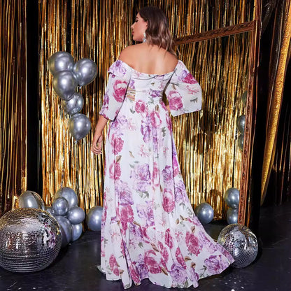 Plus Size Five Quarter Sleeve Waist Hollow Out Cutout Out Long Off Shoulder Chiffon Printed Dress
