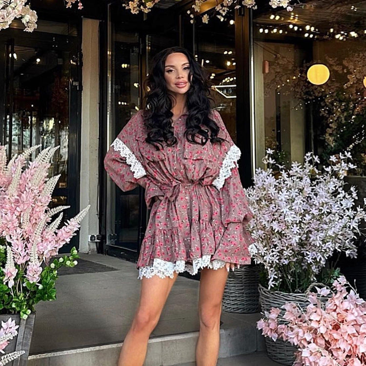 Floral Stitching Dress Polo Collar Long Sleeve Lace up A line Dress
