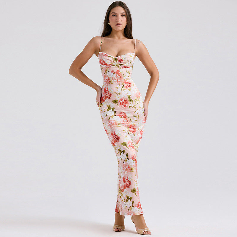 Botanical Floral Print Corset Sweetheart Spaghetti Strap Bodycon Maxi Dress
