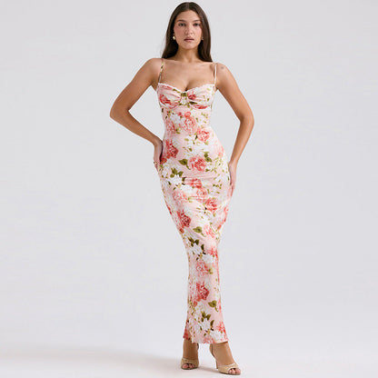 Botanical Floral Print Corset Sweetheart Spaghetti Strap Bodycon Maxi Dress