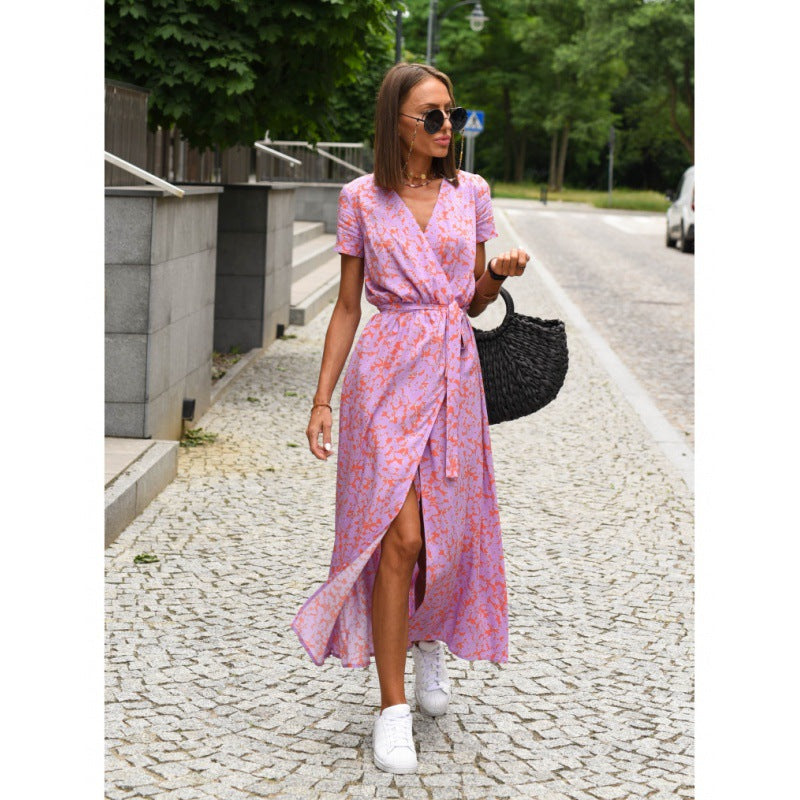 Abstract Floral Print Wrap V-Neck Short Sleeve Front Slit Maxi Dress