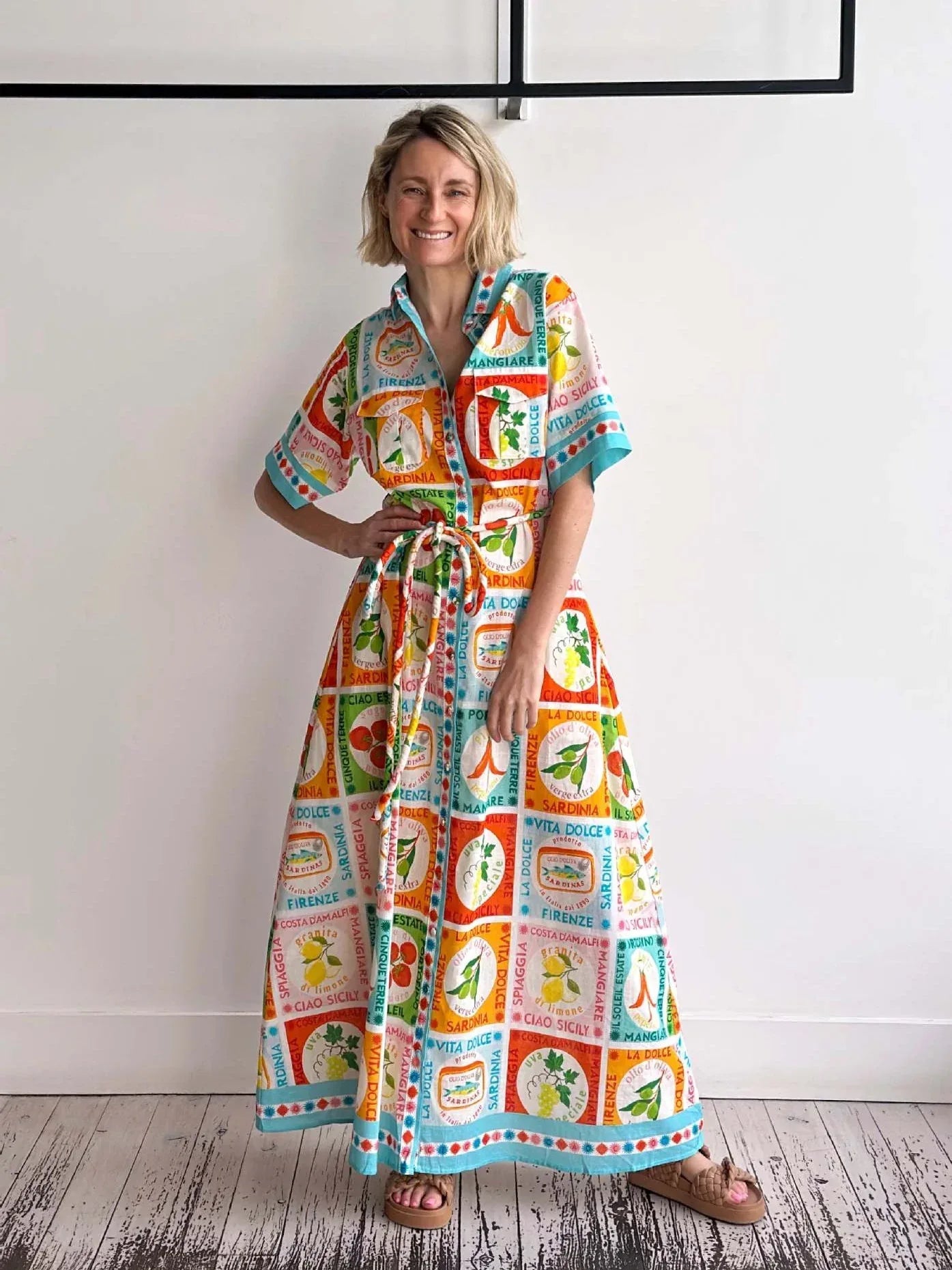 Printed linen maxi shirt collar summer dress