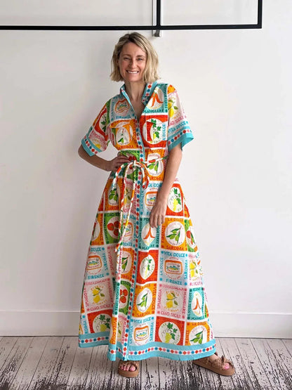 Printed linen maxi shirt collar summer dress