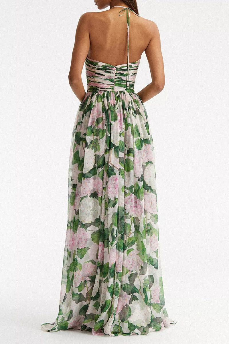 Floral Print Halter Neck Open Back Pleated Chiffon Maxi Dress