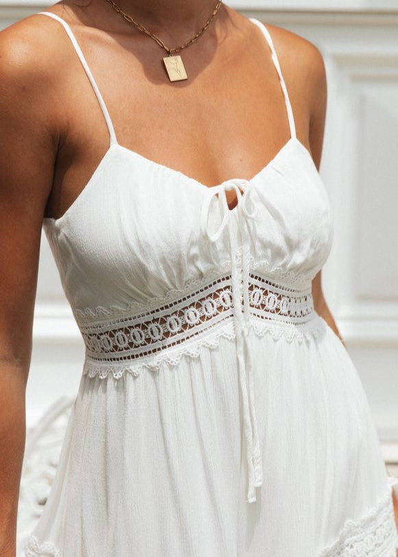Sweetheart Tie Front Lace Trim Empire Waist Tiered Maxi Dress