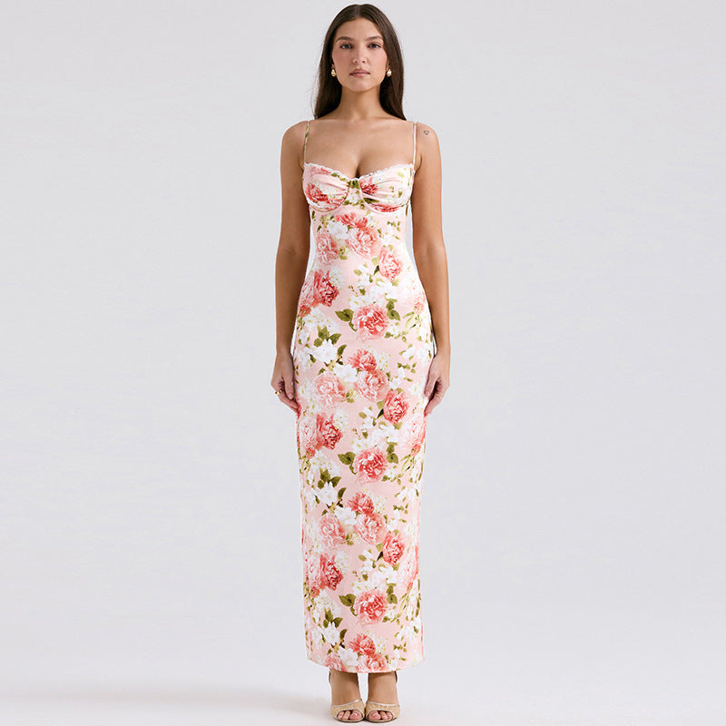 Botanical Floral Print Corset Sweetheart Spaghetti Strap Bodycon Maxi Dress