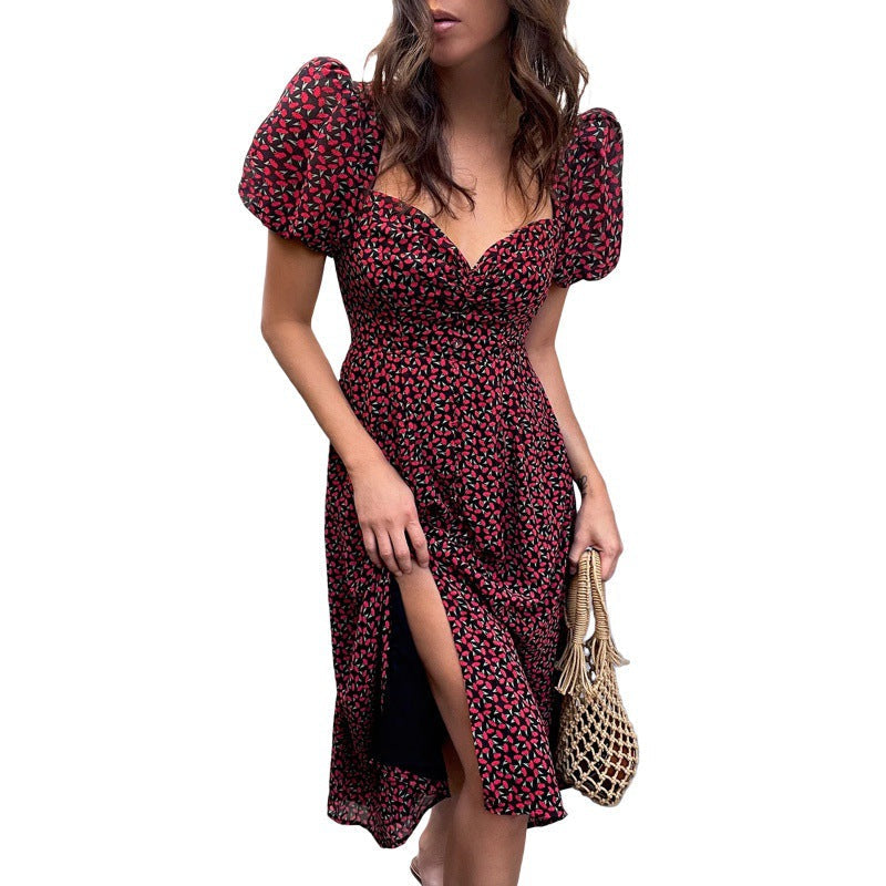 Ditsy Floral Print Puff Sleeve Sweetheart Neck High-Slit Midi Dress