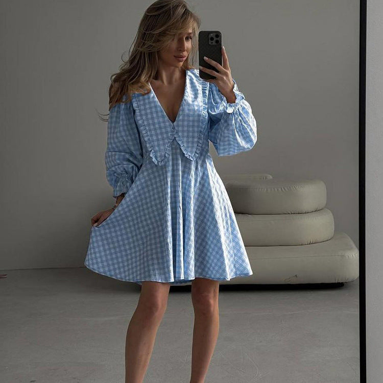 Office Design A line Dress Pink Plaid Butterfly Collar Long Sleeve Dress