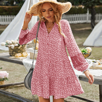 Ditsy Floral V-Neck Button-Front Lantern Sleeve Crochet Lace Insert Tiered Mini Dress