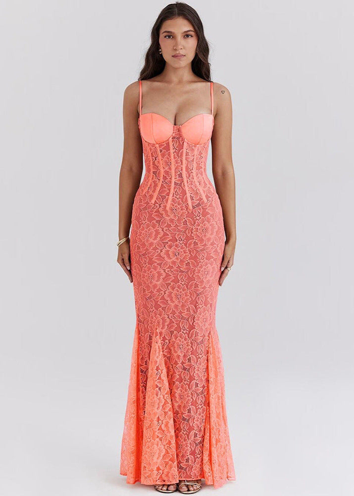 Floral Lace Bustier Corset Boning Mermaid Trumpet Floor-Length Gown