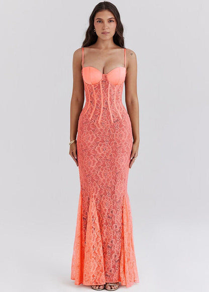Floral Lace Bustier Corset Boning Mermaid Trumpet Floor-Length Gown
