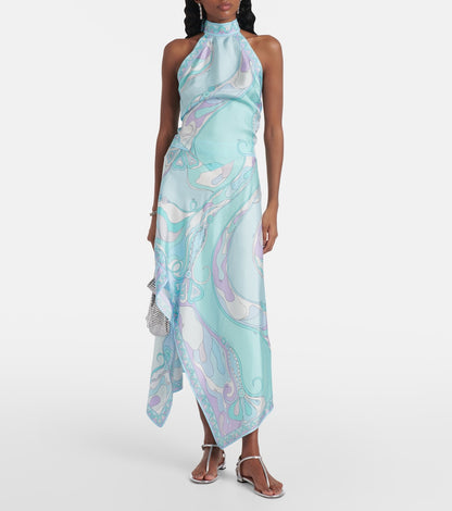 Satin Unique Print Halter Top and Irregular Midi Skirt Set