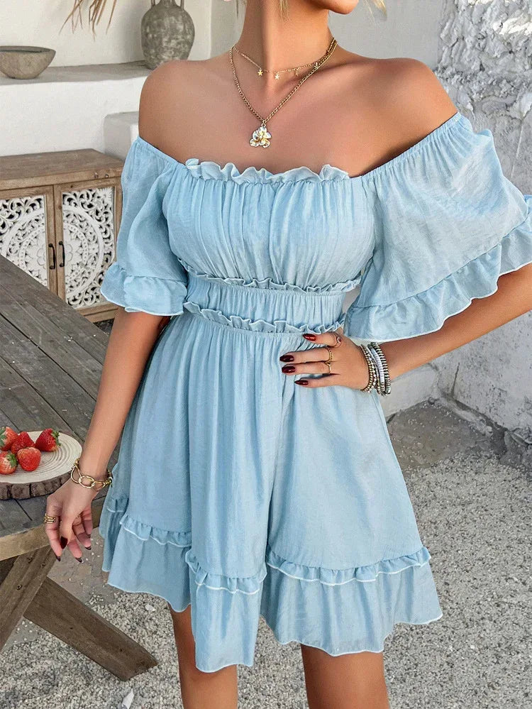 Light Blue Ruffle Mini Dress Off Shoulder Summer Dress