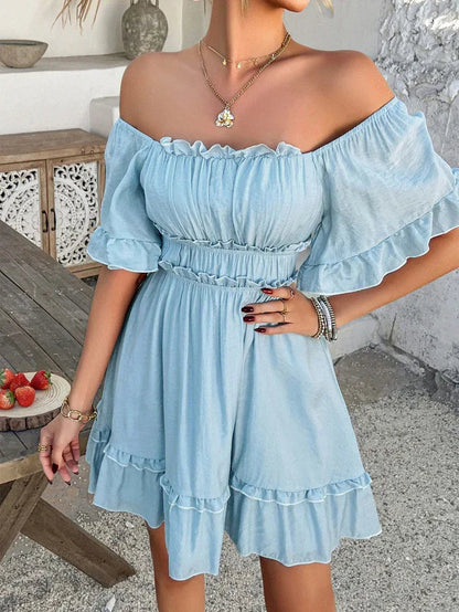 Light Blue Ruffle Mini Dress Off Shoulder Summer Dress
